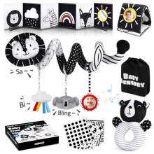 Joyreal Spiral Pram Toys for Babies - Black and White High Contrast Newborn Toy, Car Seat, Rattles, Sensory Cards, Baby Books 0-12 Months Gifts for