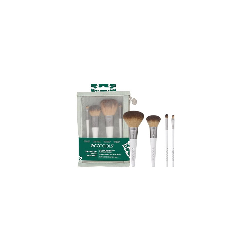 EcoTools On-The-Go Makeup Brush Kit, Travel-Friendly Brush Set, Mini-Size Makeup Tools for Powders, Blush, Bronzer, & Eyeshadows, Eco-Friendly,