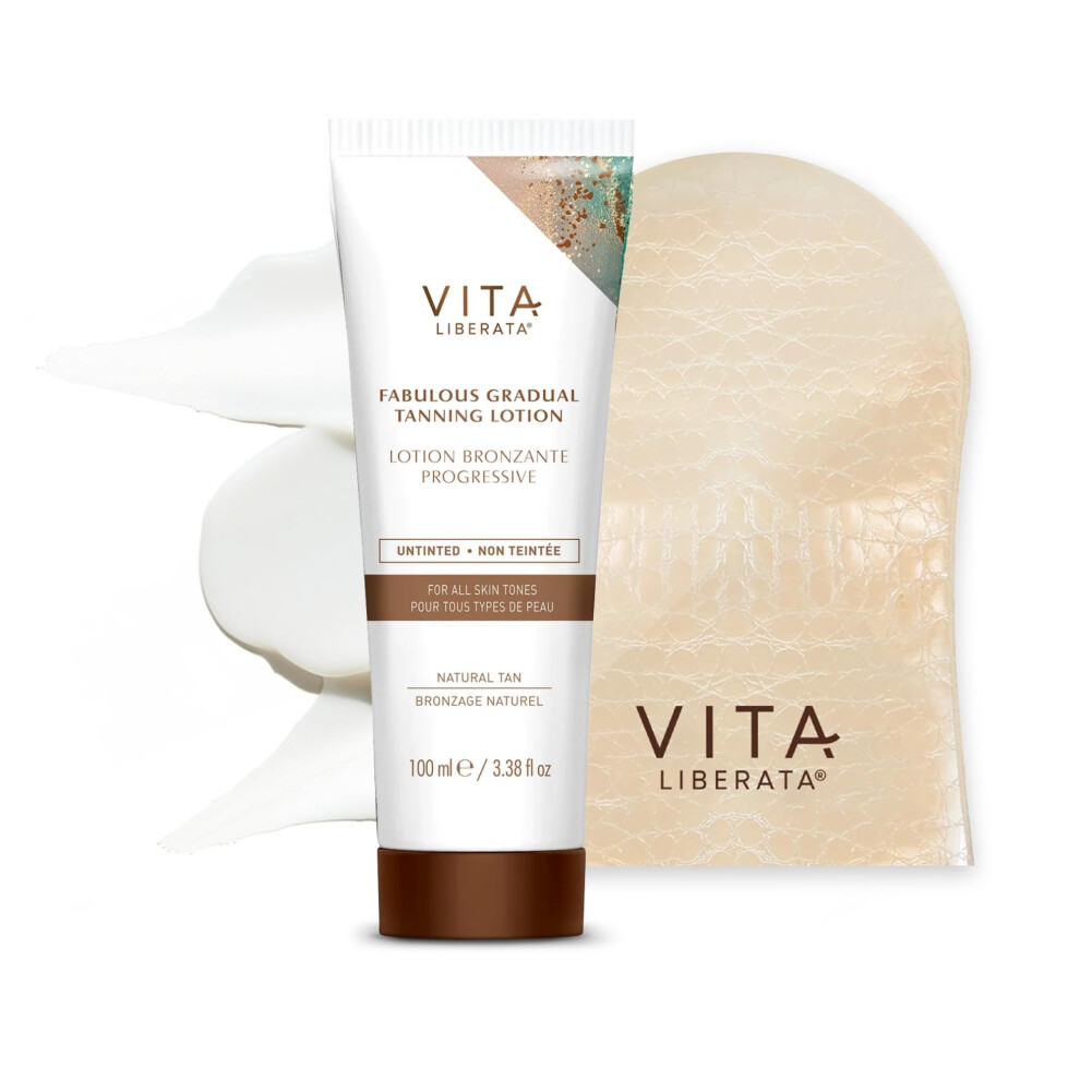 VITA LIBERATA Fabulous Gradual Tanning Lotion 100ml & Mitt Bundle, Super Hydrating Hyaluronic Acid, Designed for Face & Body, Buildable Formula,