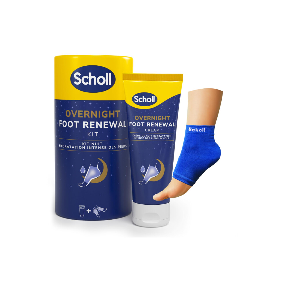 Scholl Overnight Renewal Kit, Footcare Cream 60 ml, Reusable Gel Heel Sleeves 1 Pair - Moisturise Dry Feet, Visible Results in 1 Night, Contains 5%