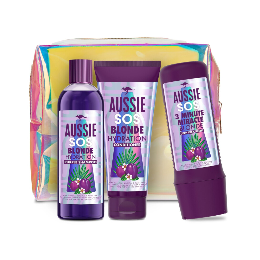 Aussie Blonde Gift Bag, Purple Shampoo Womens Gift Sets - Shampoo and Conditioner Set + 3 Minute Miracle Hair Mask, Hair Care Gift Set with Make Up