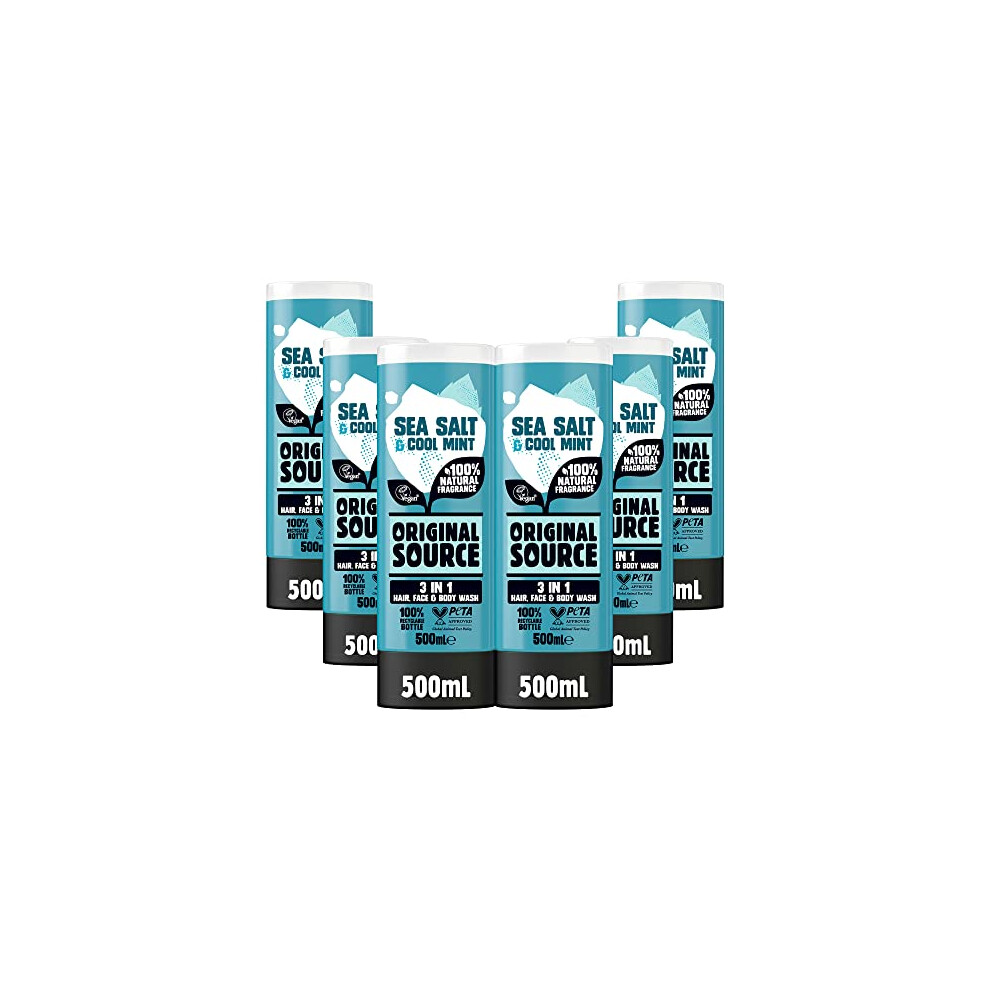 Original Source Mens 3in1 Sea Salt & Cool Mint Shower Gel, 100 Percent Natural Fragrance, Vegan, Cruelty Free, Paraben Free, Bulk Buy, Pack of 6 x 500