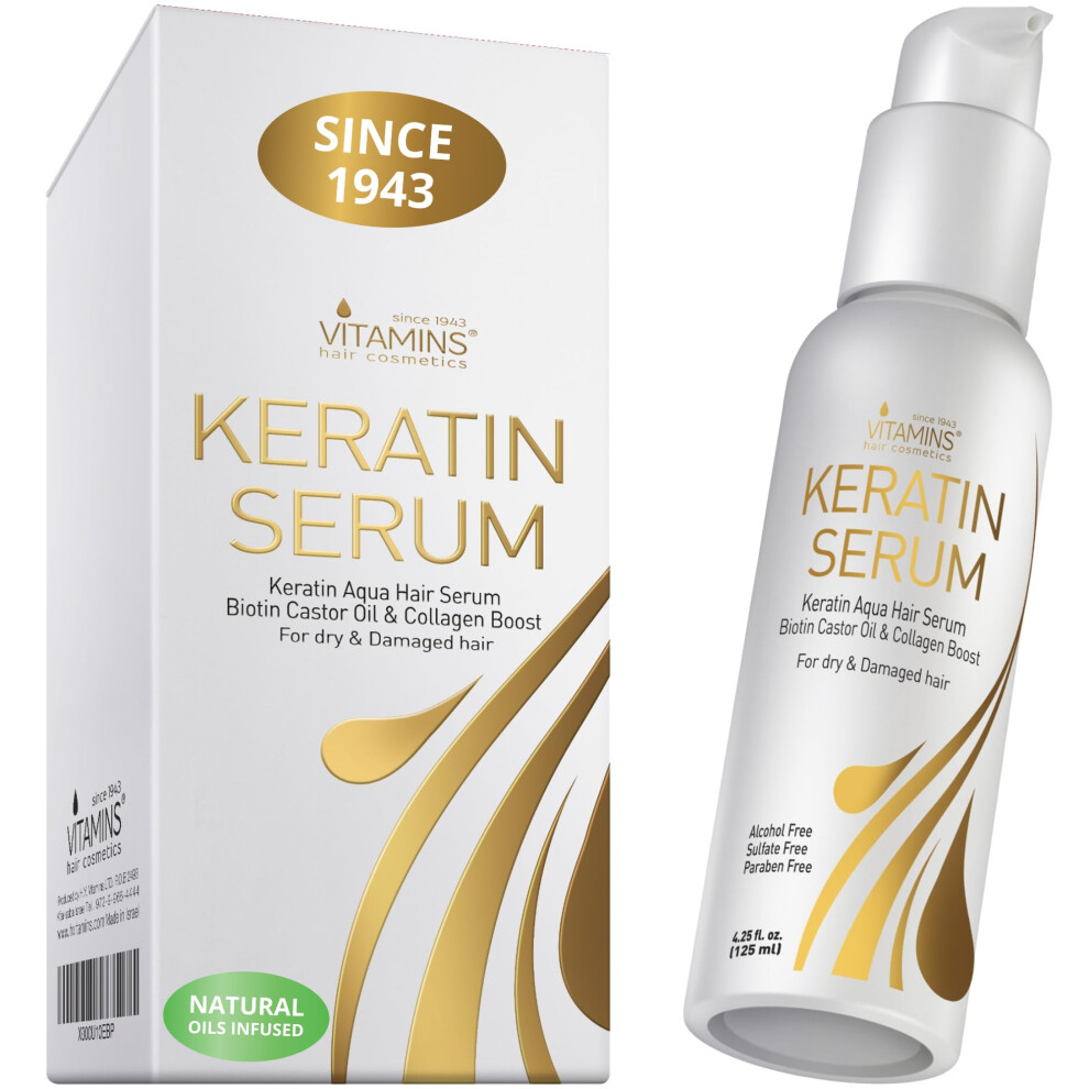 Vitamins Hair Serum Keratin Treatment - Biotin Collagen & Coconut Oil Hydrating Moisturiser for Frizzy Dry Damaged Hair - Anti Frizz Heat Protection