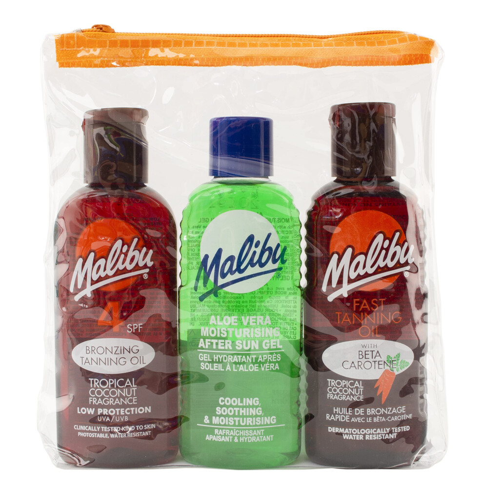 Malibu Sun Fast Tanning Travel Essentials, SPF 4 Bronzing and Beta Carotene Oil, Soothing Aloe Vera After Sun Gel, Water Resistant, Tropical Coconut