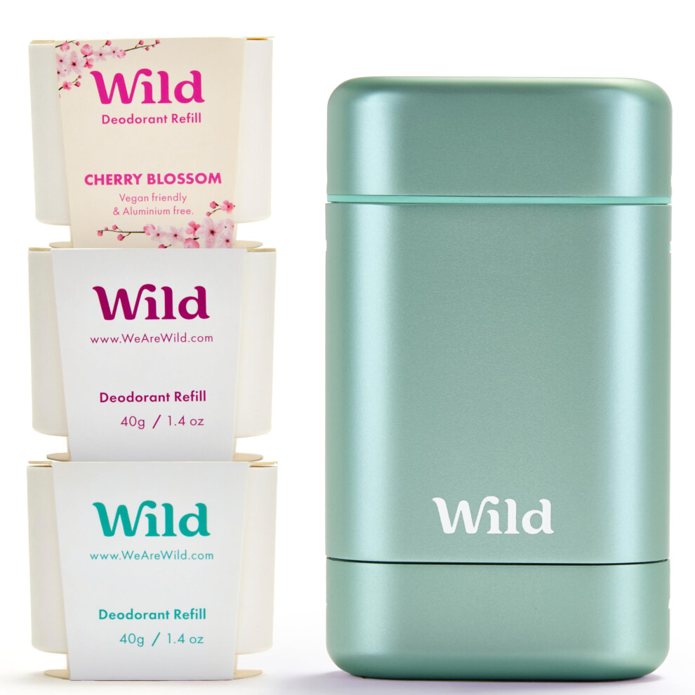 Wild - Aqua Case with Refill Variety Pack (3 x 40g) - Natural Refillable Deodorant - Aluminium Free - Includes Fresh Cotton & Sea Salt, Cherry Blossom
