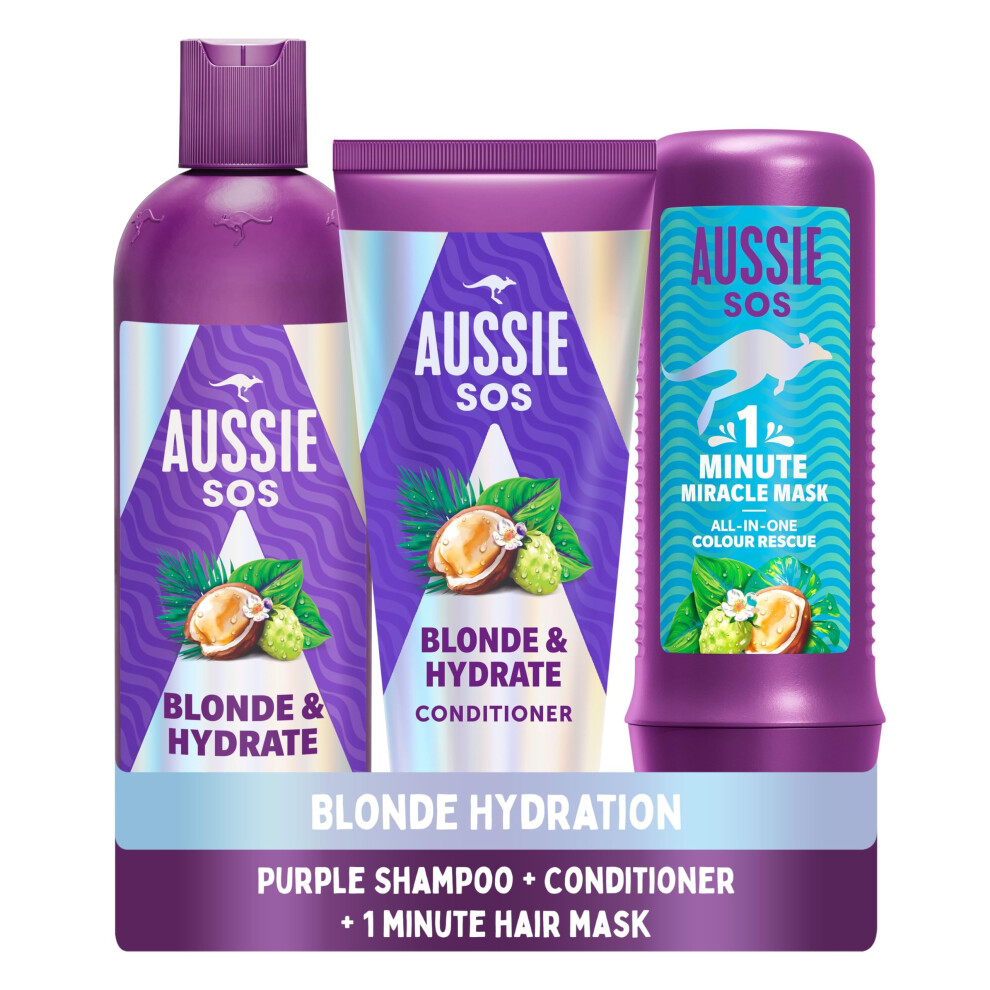 Aussie Blonde Hydration Vegan Purple Shampoo, Conditioner And 3 Minute Miracle Hair Mask Set, Silver Toner, Neutralises Yellow & Brassy Tones for