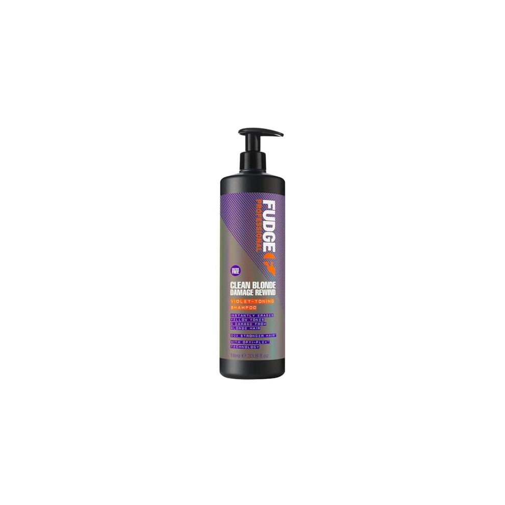 Fudge Professional Clean Blonde Damage Rewind Shampoo, Bulk Size, Intense Toning For Blonde Hair, Bond Repair Technology, Sulfate Free, 1 Litre Purple