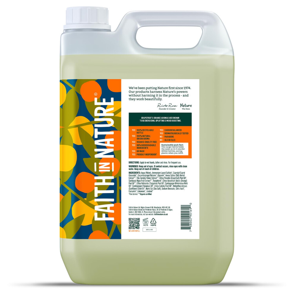 Faith In Nature Natural Grapefruit & Orange Liquid Hand Wash, Energising, Vegan & Cruelty Free, No SLS or Parabens, 5L Refill Pack