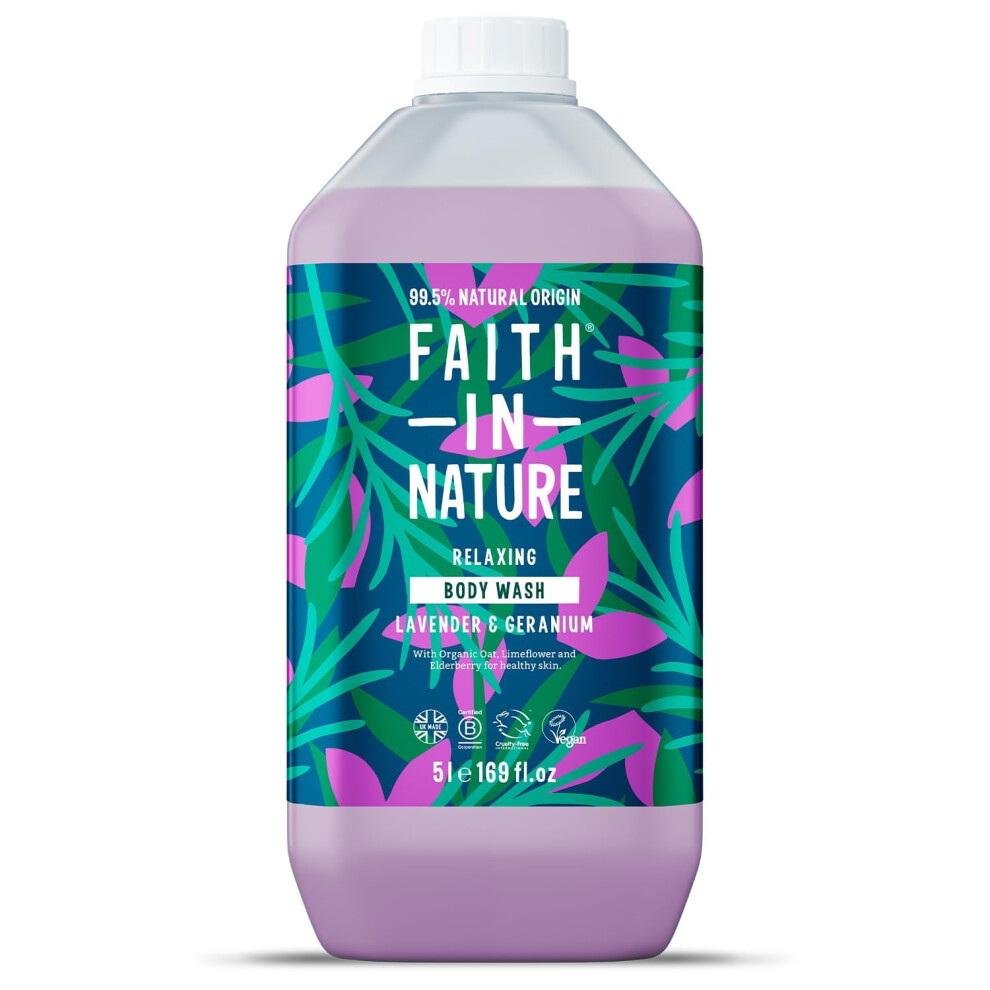Faith In Nature Natural Lavender & Geranium Body Wash, Relaxing Shower Gel, Vegan & Cruelty Free, No SLS or Parabens, 5L Refill Pack