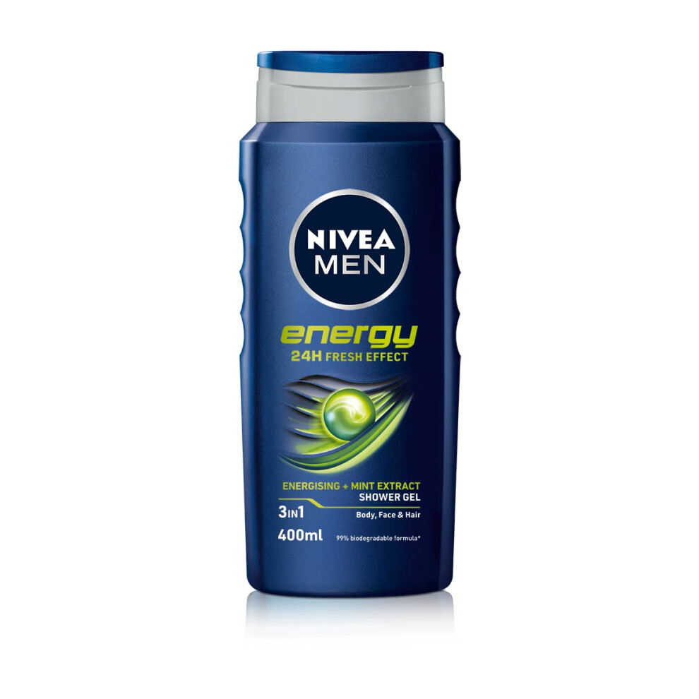 NIVEA MEN Shower Gel Energy (6 x 400ml), Energizing Body Wash with Mint Extract, All-in-1 Shower Gel for Men, Strong NIVEA Men Shower Gel with Fresh