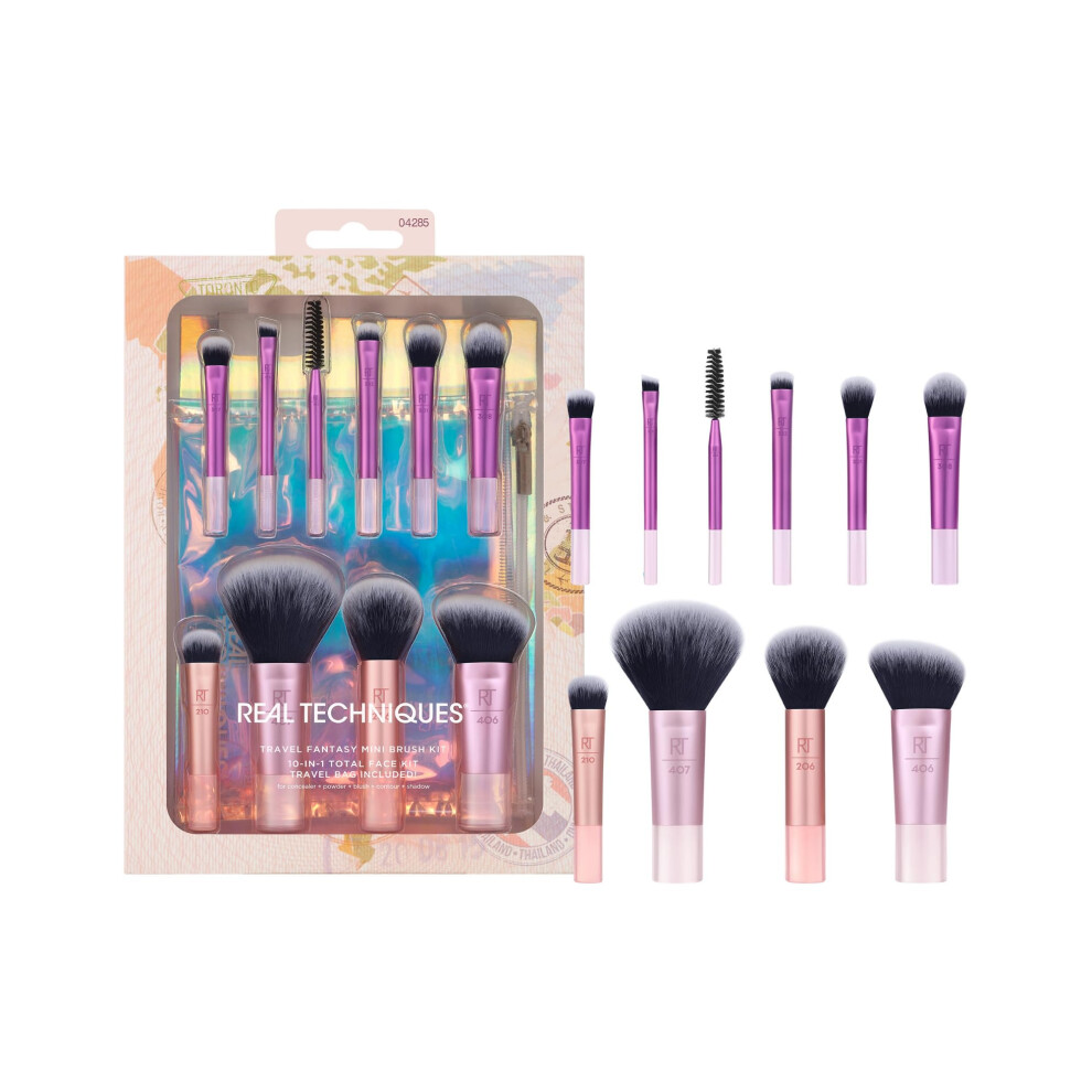 Real Techniques Travel Fantasy Mini Brush Kit, Makeup Brushes For Eyeshadow, Highlight, Contour, Powder, and Concealer, Travel-Sized Brushes and