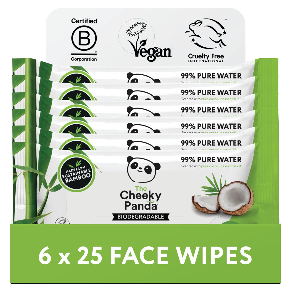 The Cheeky Panda Bamboo Face Cleanser Makeup Remover Wipes Coconut Scented | 6 Packs of 25 Face Wipes | 99% Purified Water Wipes | Plant Based & Vegan