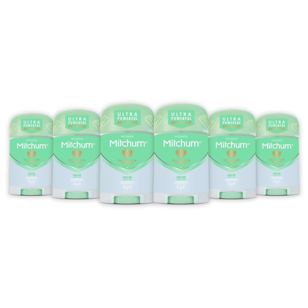 Mitchum Women Triple Odor Defense 48 hr Protection Stick Deodorant and Anti-Perspirant, Unscented, 41 g (Pack of 6)