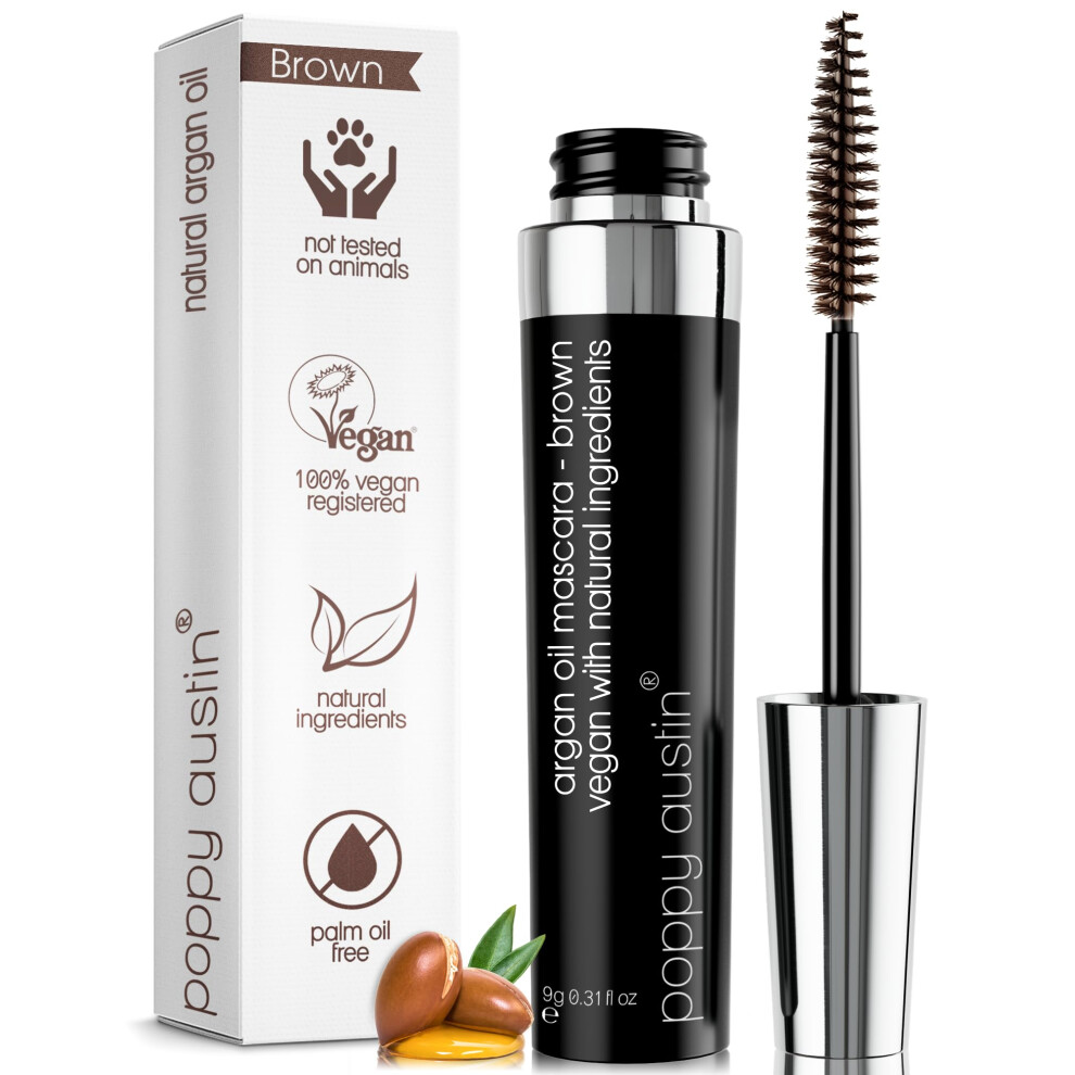 Poppy Austin - Vegan Mascara Brown Volume And Length Waterproof - Gentle, Hypoallergenic Volumising Mascara, Organic & Cruelty Free All Natural