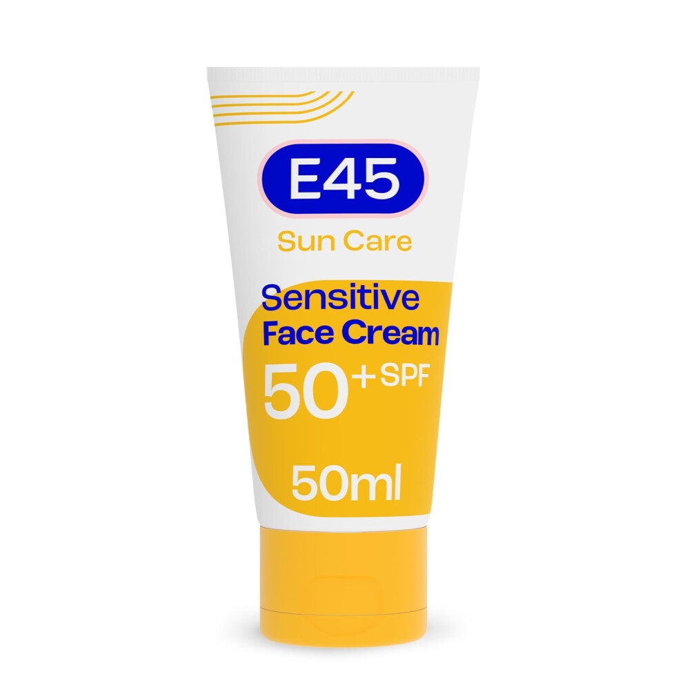 E45 SPF50+ Sensitive Sun Cream for Face with Hyaluronic Acid - UVA and UVB Protection - Fragrance-Free and Dermatologically Tested Sunscreen -