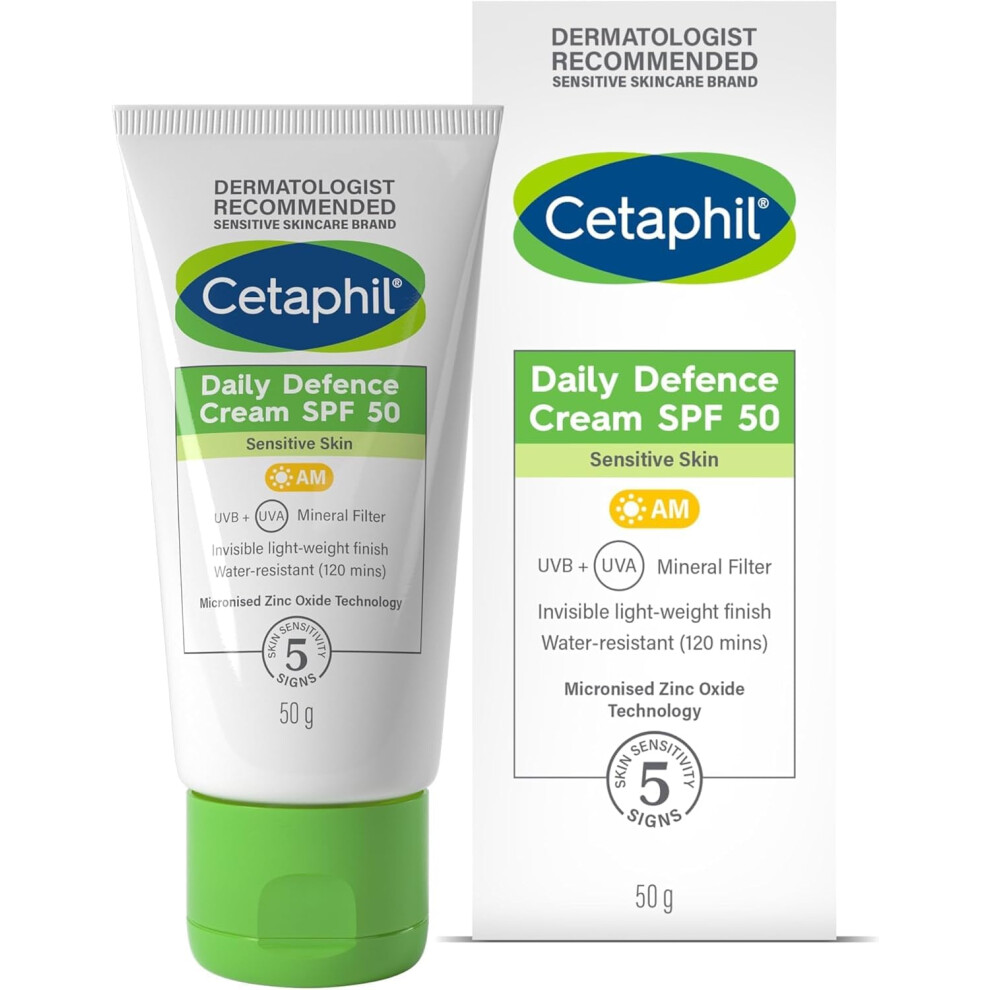 Cetaphil Daily Defence SPF 50 Face Mineral Sun Cream, Water Resistant Fragrance Free Sunscreen, 50g