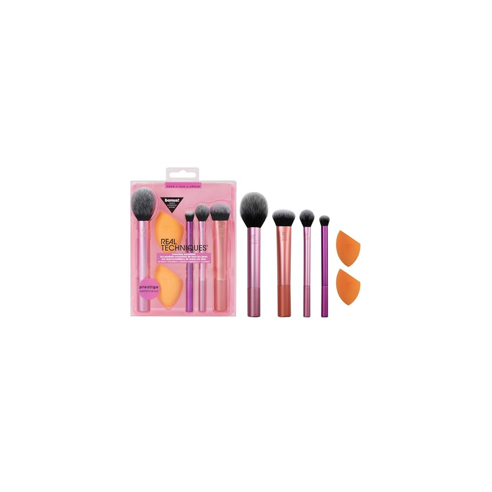 Real Techniques Everyday Essentials + Makeup Sponge Kit, 4 Makeup Brushes and 2 Makeup Blender Sponges,Blush, Bronzer, Eyeshadow, and Powder,