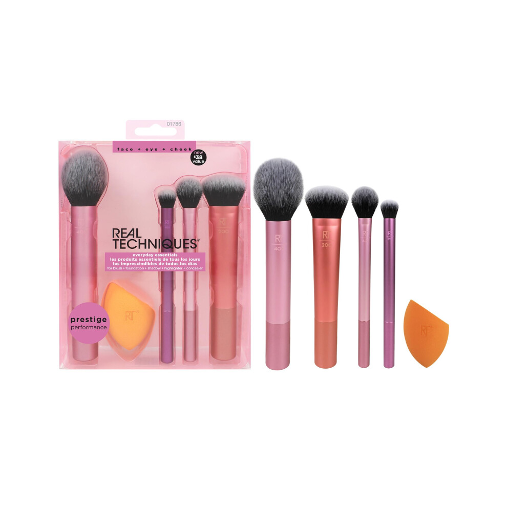 Real Techniques Everyday Essentials + Makeup Sponge Kit, Makeup Brushes and Makeup Blender Sponge, For Foundation, Blush, Bronzer, Eyeshadow, and