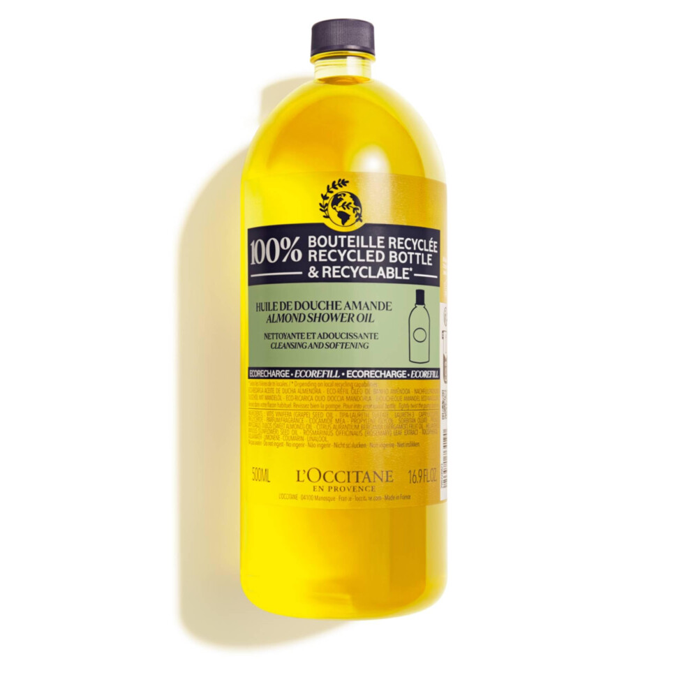 L'OCCITANE Almond Shower Oil Refill 500ml, Hydrating Vegan Body Cleanser with Almond Oil, Luxury Clean Beauty for Soft, Radiant Skin, Premium & Clean