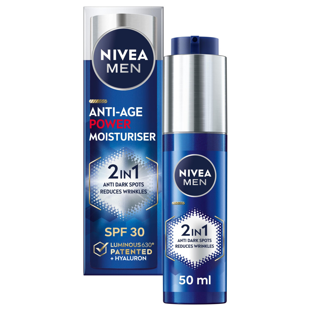 NIVEA MEN Anti-Age 2in1 Power Moisturiser (50ml), With SPF 30, Luminous 630, and Hyaluronic Acid for Sun Protection, Dark Spot Prevention, and