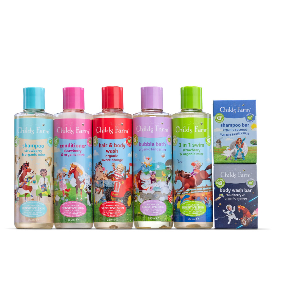 Childs Farm Gift Set for Kids, 7 Full Size Products, Value Pack with Shampoo, Conditioner, Hair and Body Wash, Bubble Bath, 3-in-1 Swim, Shampoo Bar