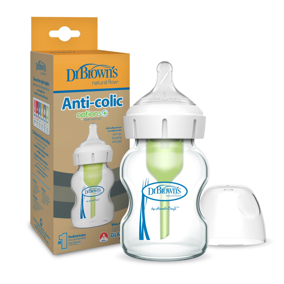 Dr. Brown's Natural Flow Options+ Anti-Colic Glass Baby Bottle, Wide-Neck, 5 oz/150 ml