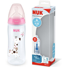 NUK First Choice+ Flow Control Bottle | 6-18 Months | Temperature Control | Silicone Nipple | Anti-Colic Valve | BPA Free | 360 ml | Pink | 1 Unit