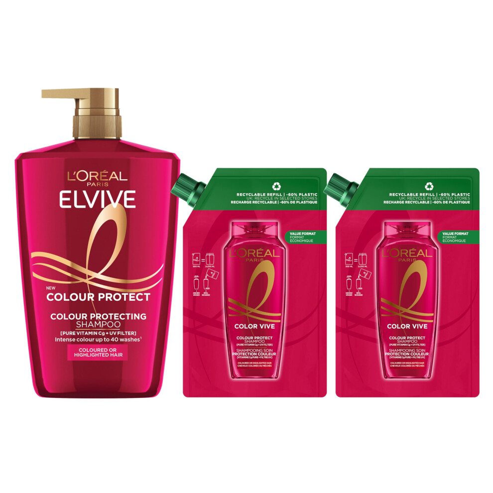 L'Or?al Paris Elvive Colour Protect Double Value Pack 1 Litre Shampoo Value Format with x2 Resealable 500ml Refill Pouches, for Coloured or