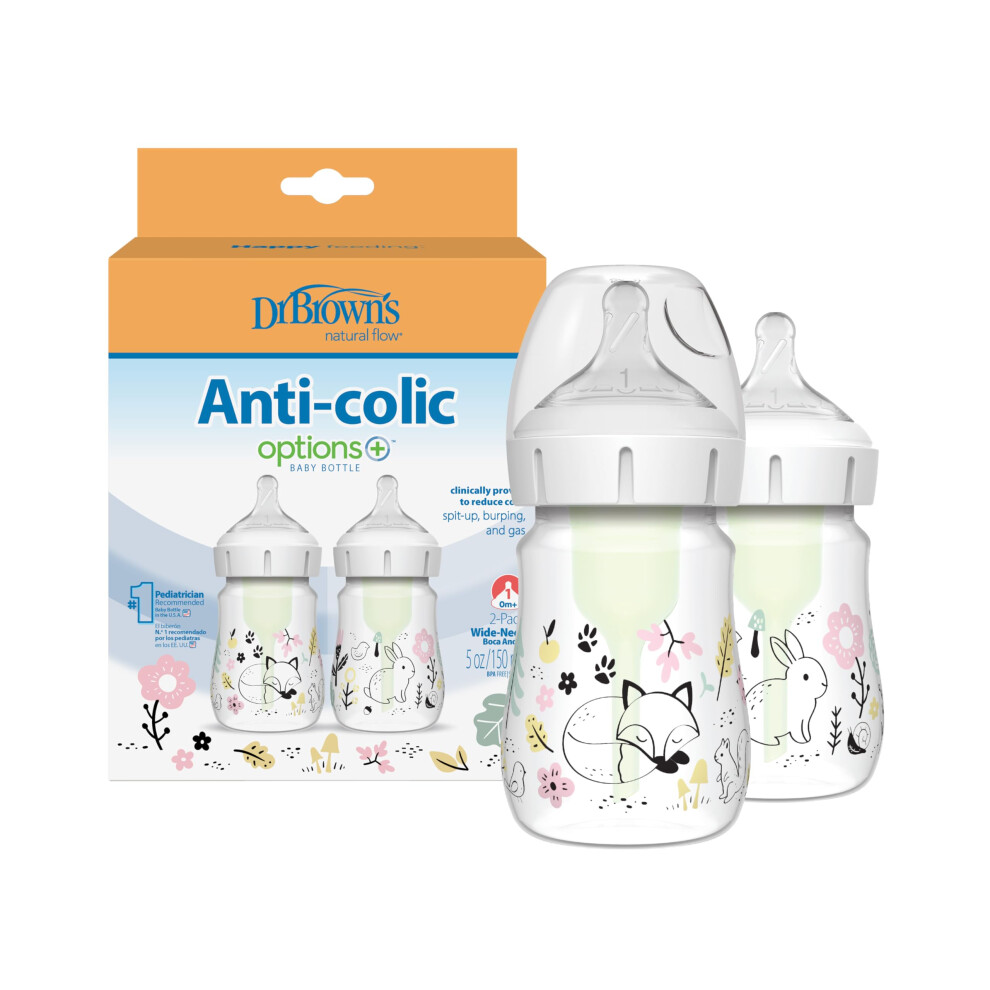 Dr. Brown's Anti-Colic Options+ Wide-Neck Baby Bottle Designer Edition Bottles, Woodland Decos, 5oz/150 ml, Level 1 Teat, Pack of 2, 0m+