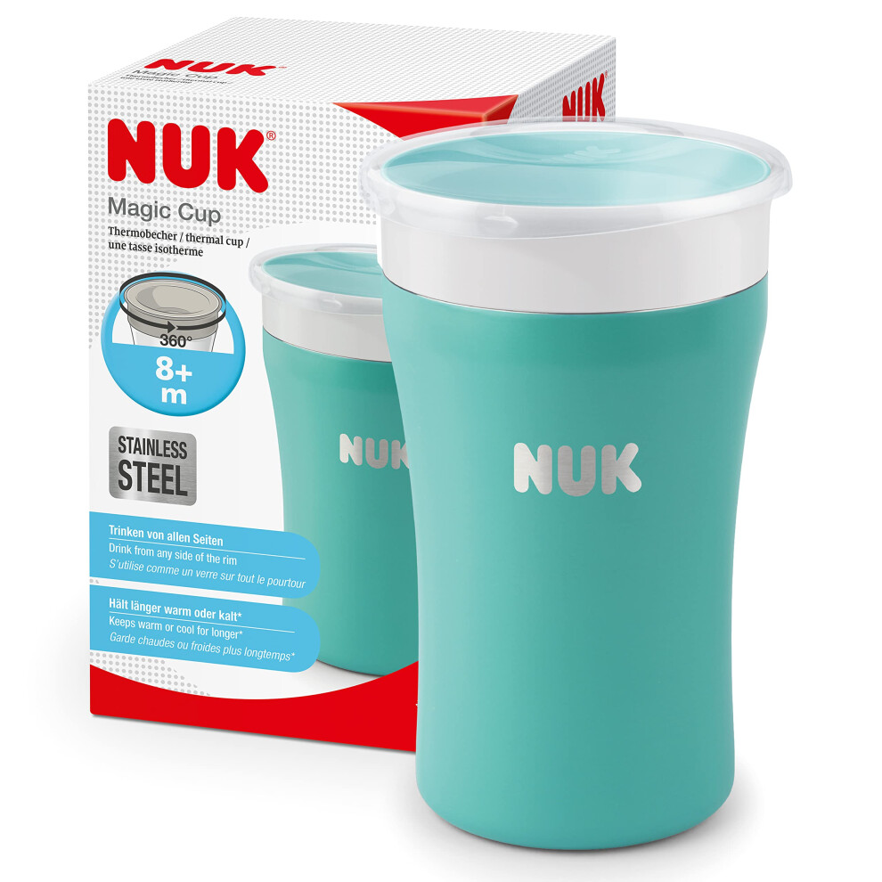 NUK Magic Cup Stainless Steel Sippy Cup | 8+ Months | 230 ml | 360? Anti-Spill, Leak-Proof Rim | Keeps Liquid Cool/Warm Longer | Washable | Blue
