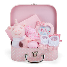 Baby Box Shop - Girl Gift Set, Newborn Essentials, Baby Shower Gifts for Girls, Keepsake Box with Pink Unicorn Rattle, Bib, Booties, Mittens, Hat,