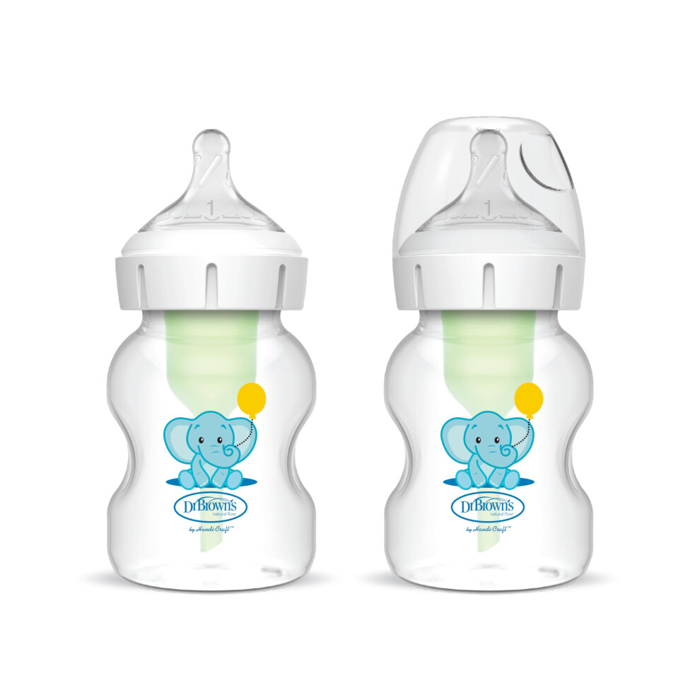 Dr Brown's Natural Flow? Anti-Colic Options+? Wide-Neck Baby Bottle, 5oz/150ml, with Level 1 Teats, 2-Pack, Elephant