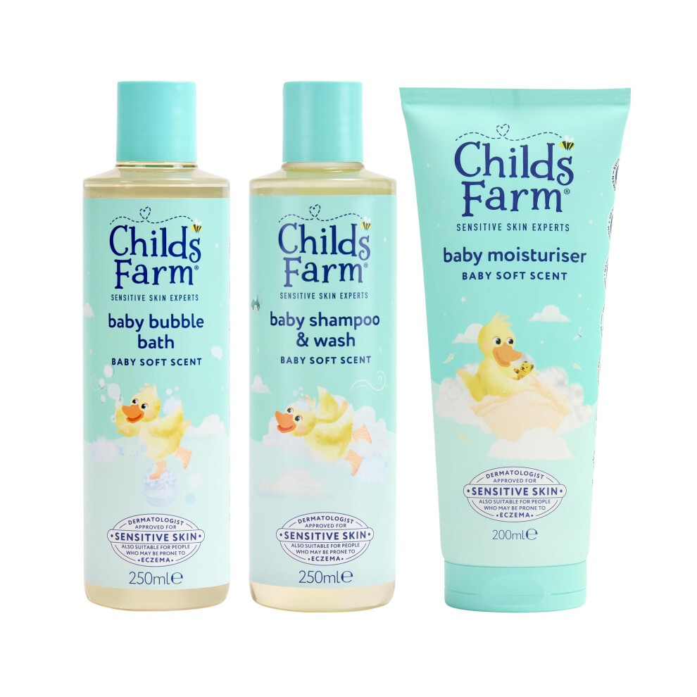 Childs Farm Baby Regime Bundle | Bubble Bath (250ml), Shampoo & Body Wash (250ml) and Body Moisturiser (200ml) | Baby Soft Scent | Suitable for