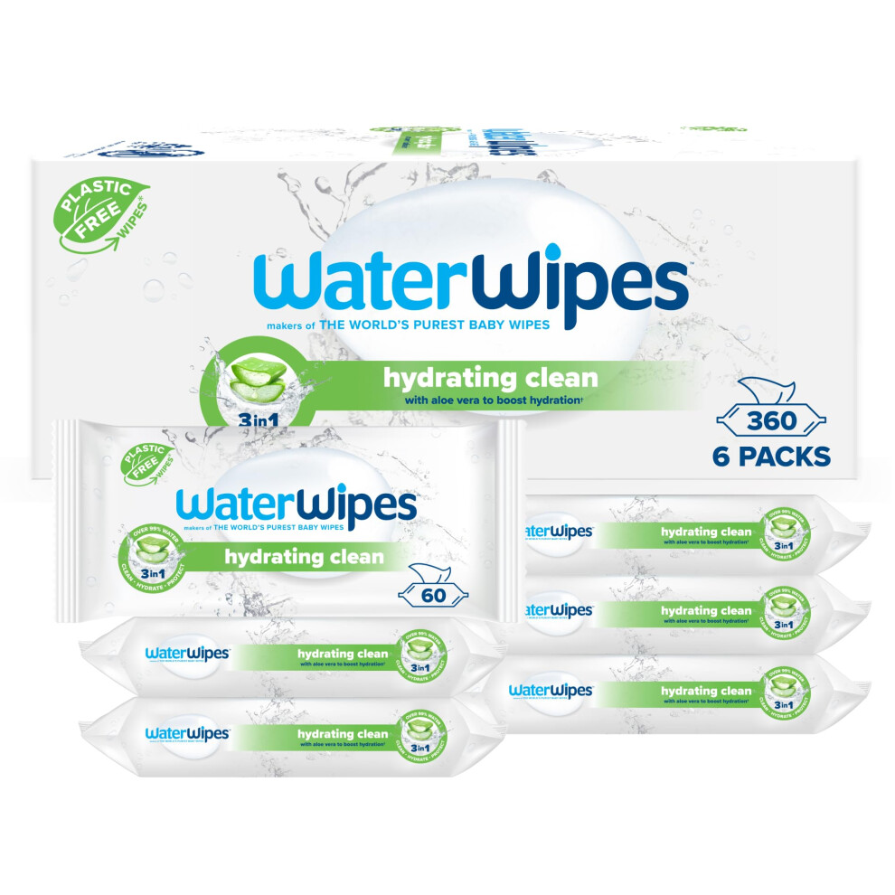 WaterWipes Hydrating Clean Baby Wipes, 360 Wipes (6 Packs), with 99% Water & Aloe Vera Extract, Wet Wipes for Face & Body
