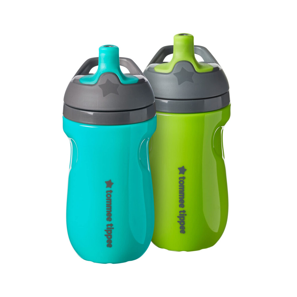 Tommee Tippee Insulated Sportee Bottle, 12+ months, 260ml, Trainer Sippy Cup for Toddlers, Spill-Proof, Easy to Hold Handle, Green and Teal, Pack of 2