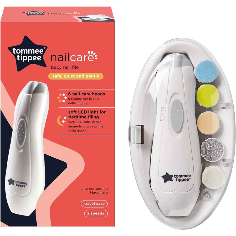 Tommee Tippee Electric Baby Nail File Trimmer, Battery-Powered Infant Nail Clipper with LED Light and Six Filing Heads for Baby and Adult Use