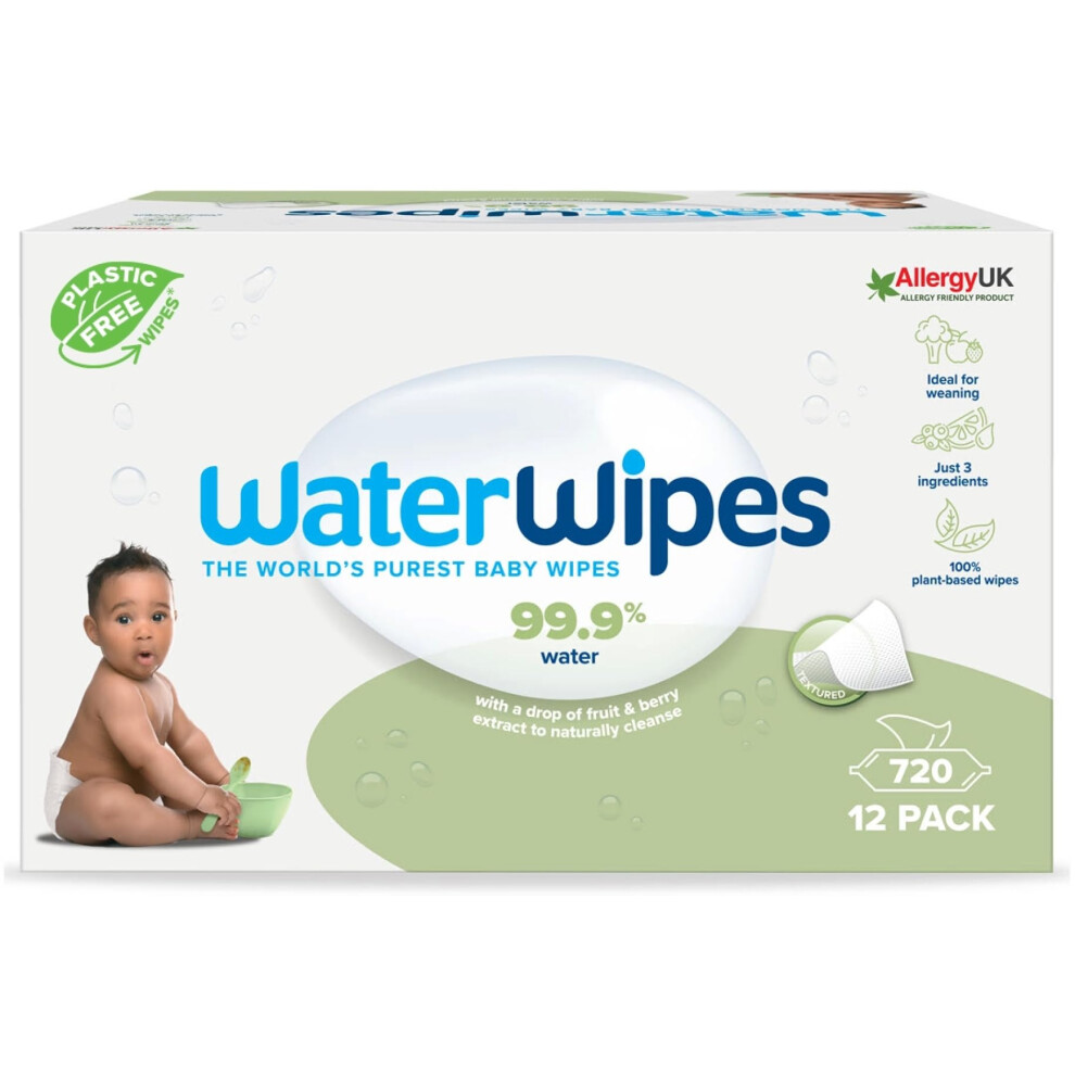 WaterWipes Plastic-Free Textured Clean, Toddler & Baby Wipes, 720 Count (12 Packs), 99.9% Water Based Wipes, Unscented for Sensitive Skin (Packing May