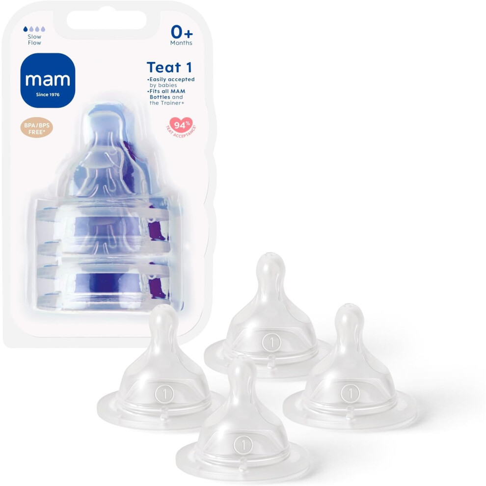 MAM Teats Size 1 | 4 Pack | Slow Flow | Fits All MAM Bottles | Made from SkinSoft Silicone | Baby Accessories for Newborn