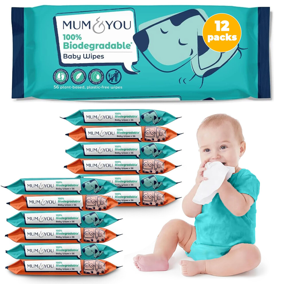 M&Y Mum & You Baby Wipes Multipack - 672 Biodegradable Wet Wipes (12 Packs) | 99.4% Water Wipes For Sensitive Newborn Skin | Baby Wipes Bulk, Bum Wipes,