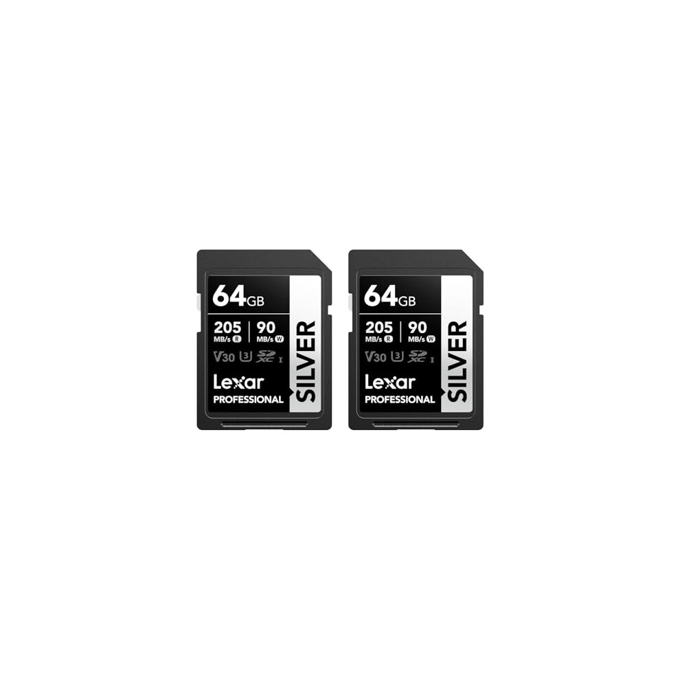 Lexar Professional SILVER SD Card 64GB 2-Pack, Up to 205MB/s Read, 90MB/s Write, SDXC UHS-I Memory Card, Class 10, U3, V30, SD Card for Professional