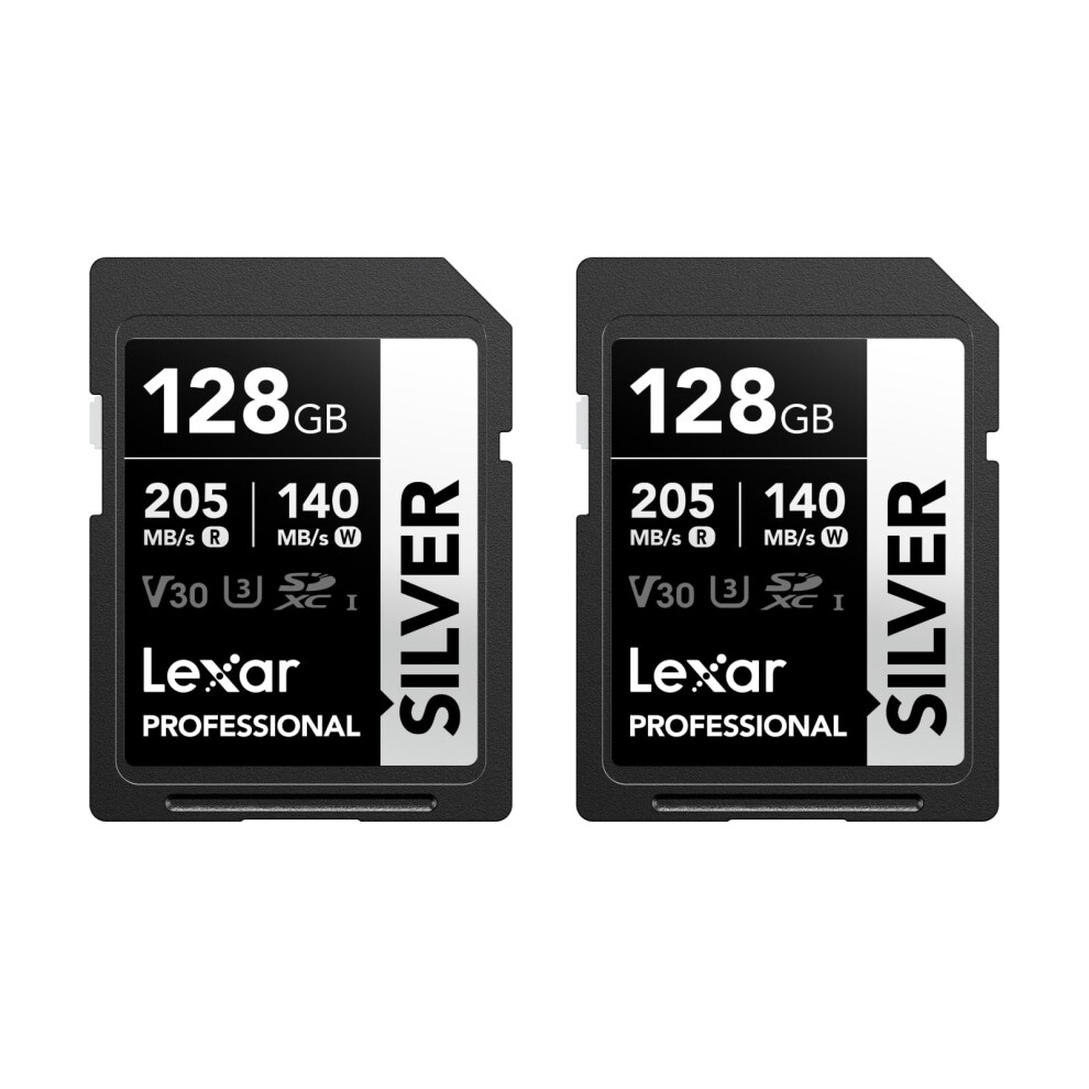 Lexar Professional SILVER SD Card 128GB 2-Pack, Up to 205MB/s Read, 140MB/s Write, SDXC UHS-I Memory Card, Class 10, U3, V30, SD Card for Professional