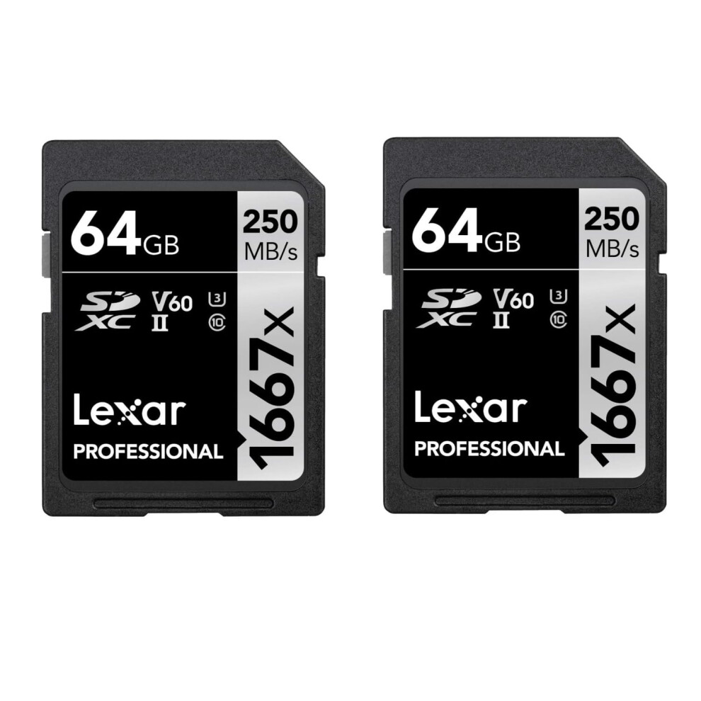 Lexar Professional 1667x SD Card 64GB 2-Pack, SDXC UHS-II Memory Card, Up to 250MB/s Read, 120MB/s Write, Class 10, U3, V60, for Professional
