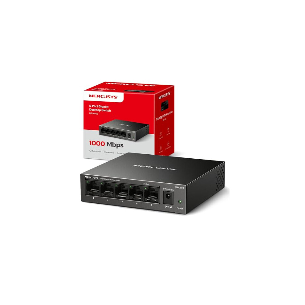 MERCUSYS MS105GS 5 Port Gigabit Network Switch, Ethernet Switch, Metal Case, Gigabit Switch, Ethernet Splitter, Desktop or Wall Mount, TP-Link Silent