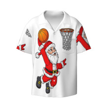 (Christmas Santa Claus Dunking A Basketball Funny Xmas_10379) Men's Hawaiian Shirts Cuban Collar Vintage Bowling Short Sleeve Button Down Beach Shirt Casual Summer Vacation Wear Retro Tee