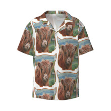 (Highland Cow Calf_6782) Men's Hawaiian Shirts Cuban Collar Vintage Bowling Short Sleeve Button Down Beach Shirt Casual Summer Vacation Wear Retro Tee