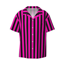 (Neon Pink And Black Vertical Stripes_7799) Men's Hawaiian Shirts Cuban Collar Vintage Bowling Short Sleeve Button Down Beach Shirt Casual Summer Vacation Wear Retro Tee