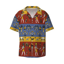 (Hieroglyphic_12851) Men's Hawaiian Shirts Cuban Collar Vintage Bowling Short Sleeve Button Down Beach Shirt Casual Summer Vacation Wear Retro Tee
