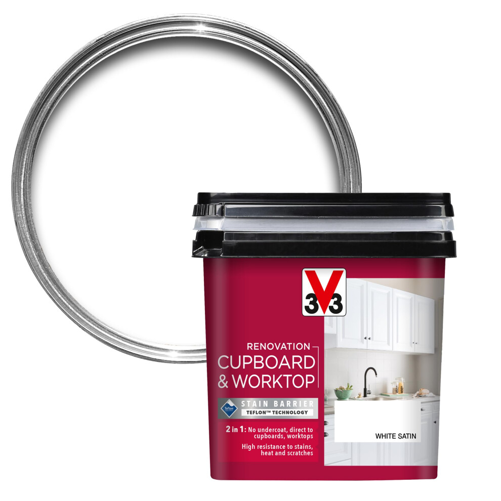 V33 Renovation Cupboard & Worktop Paint - No Undercoat Needed - High Resistance To Water Stains & Scratches - Ultra Washable - White 750Ml 3153895180955