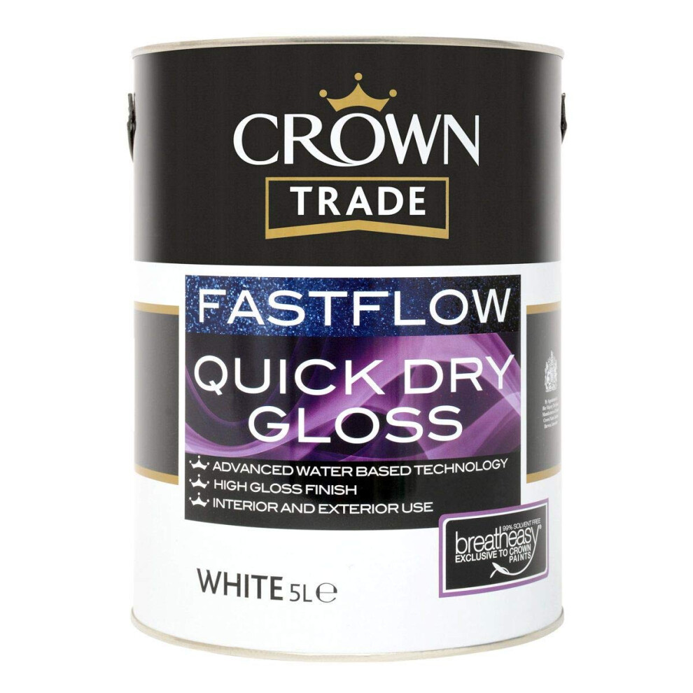 5lt Crown Trade Fastflow Quick Dry Gloss Paint in White for Interior & Exterior Use