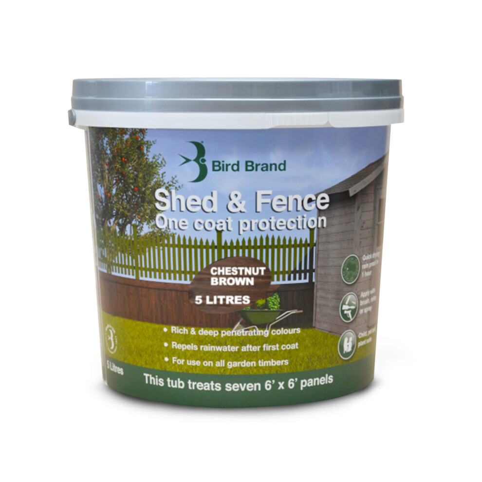 Bird Brand Shed & Fence One Coat Protection, 5 Litre, Chestnut Brown Colour 5016679240178